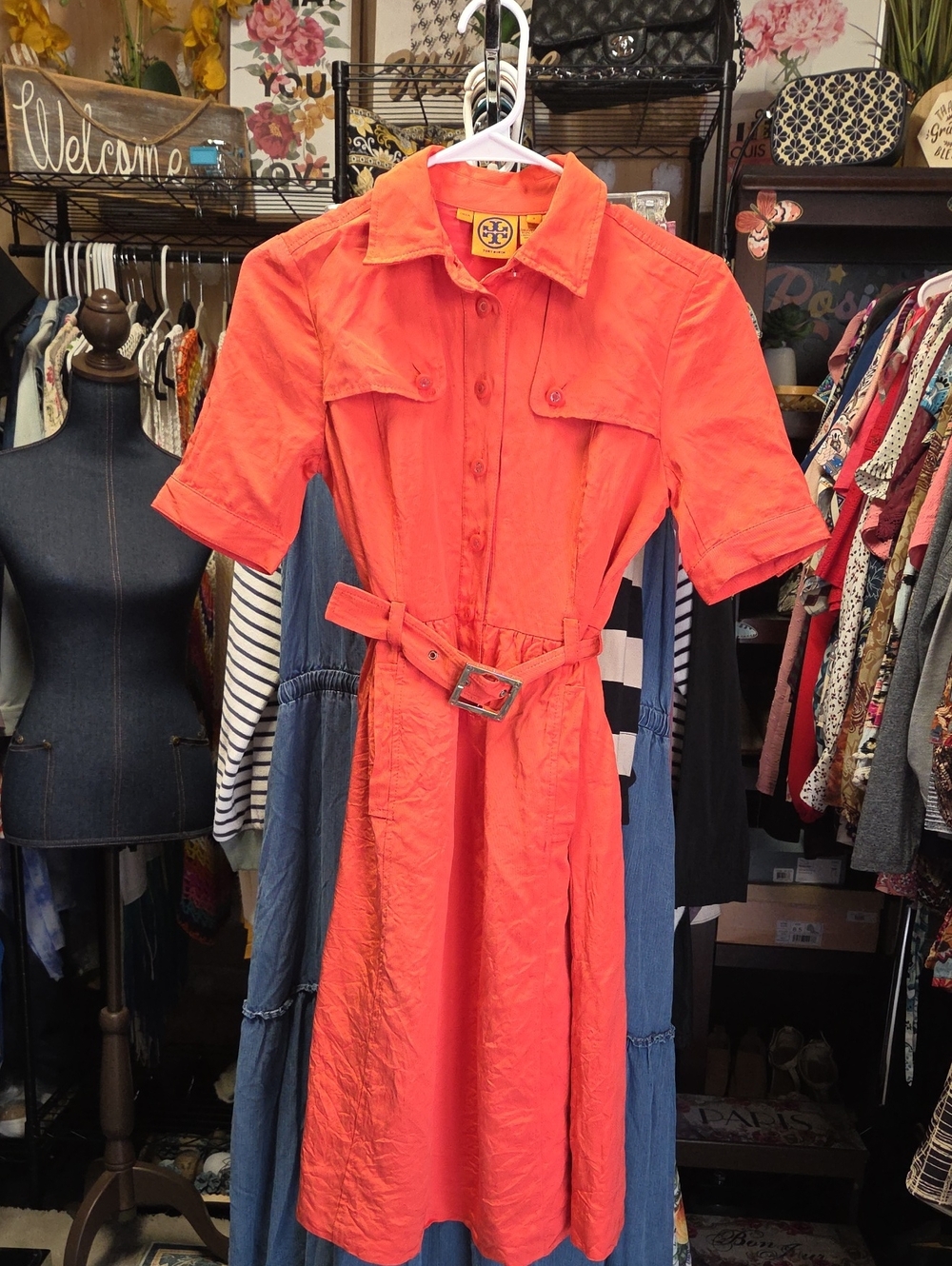 Tory Burch 💯 Silk Shimmery Logo Button Logo Belt Dress Pockets S